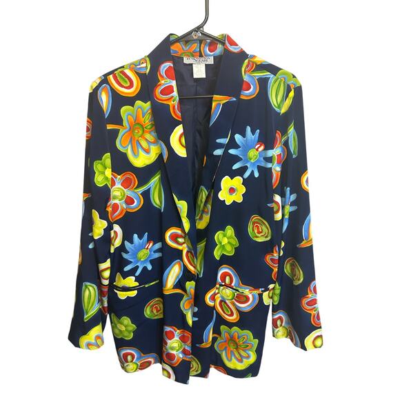 Vintage Kensington Square Navy Blue Bright Floral Long Sleeve Oversized Jacket L - Picture 1 of 9